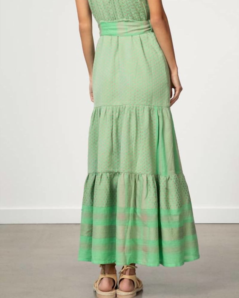 Back of a model wearing a size L Rose Maxi Dress in Minty in Minty by Cecilie Copenhagen. | dia_product_style_image_id:334983